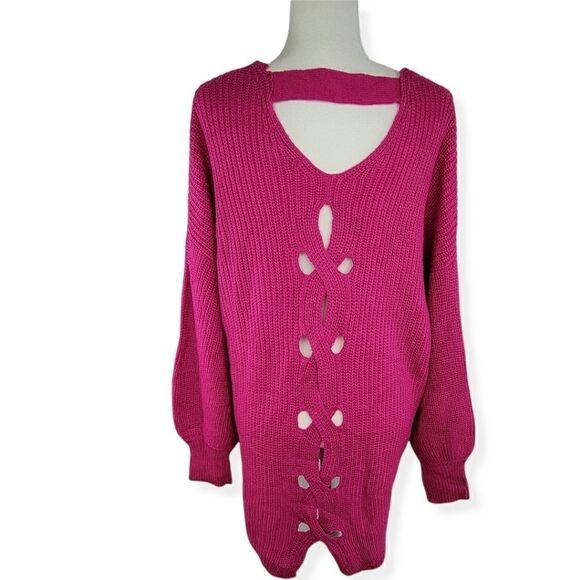 Boutique Plus  V-Neck sweater in Malibu Pink  with crisscross cutout  size 0X - Picture 2 of 3